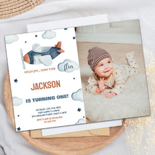 Airplane Birthday Invitations Gray Brown w photo