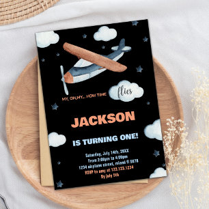 Airplane Birthday Invitations Gray Orange Black