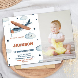 Airplane Birthday Invitations Gray Orange w photo