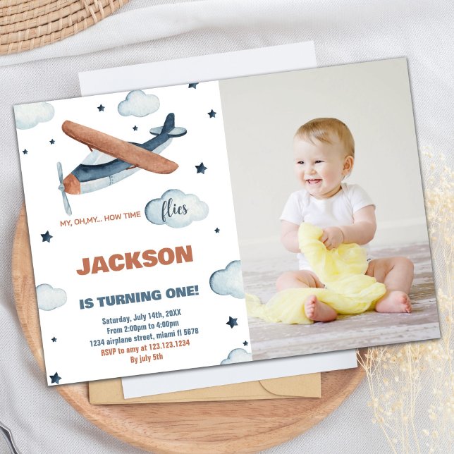 Airplane Birthday Invitations Gray Orange w photo (Airplane Birthday Invitations Gray Orange w photo)