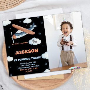 Airplane Birthday Invitations Gray Orange w Photo