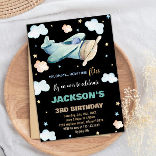 Airplane Birthday Invitations Green Brown Black BK