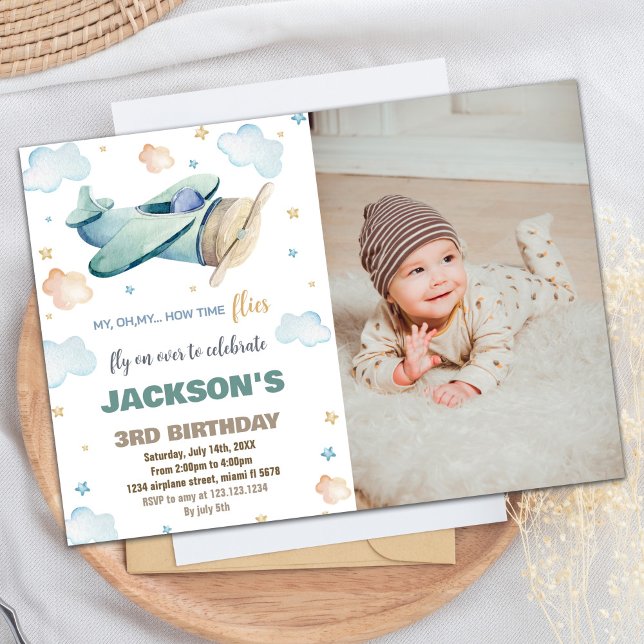 Airplane Birthday Invitations Green Brown W Photo (Airplane Birthday Invitations Green Brown W Photo)