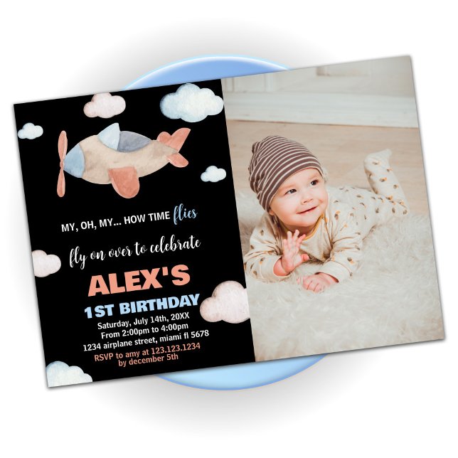Airplane Birthday Invitations Orange Black w Photo (Airplane Birthday Invitations Orange Black w Photo)