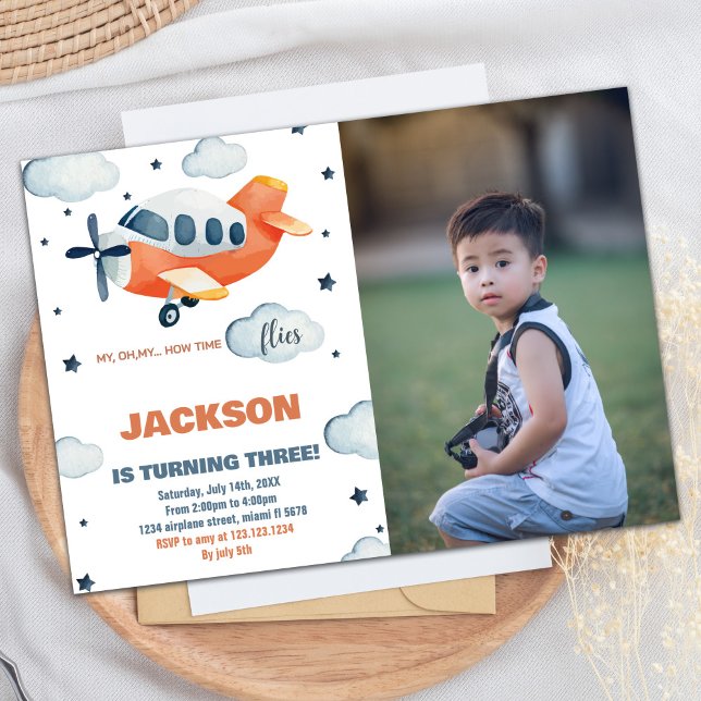 Airplane Birthday Invitations Orange With Photo (Airplane Birthday Invitations Orange With Photo)