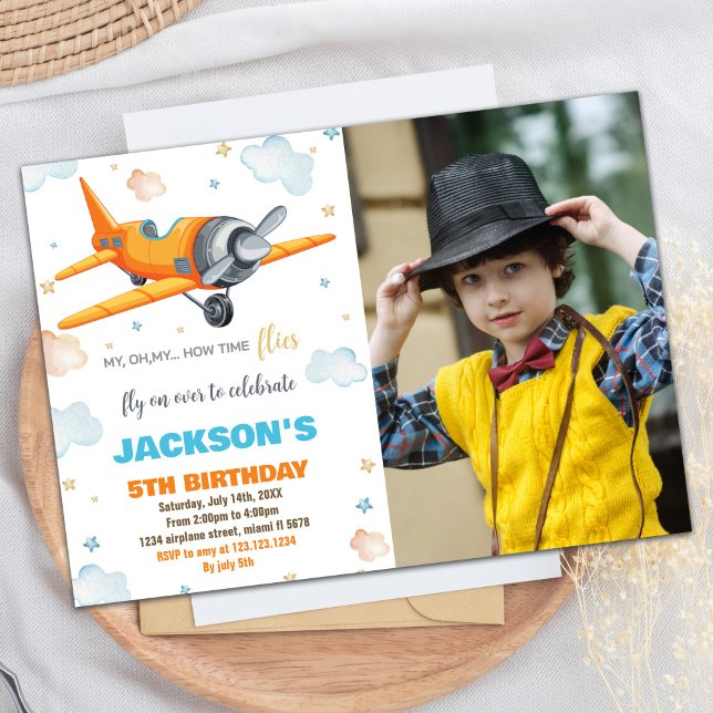 Airplane Birthday Invitations Orange With Photo (Airplane Birthday Invitations Orange With Photo)