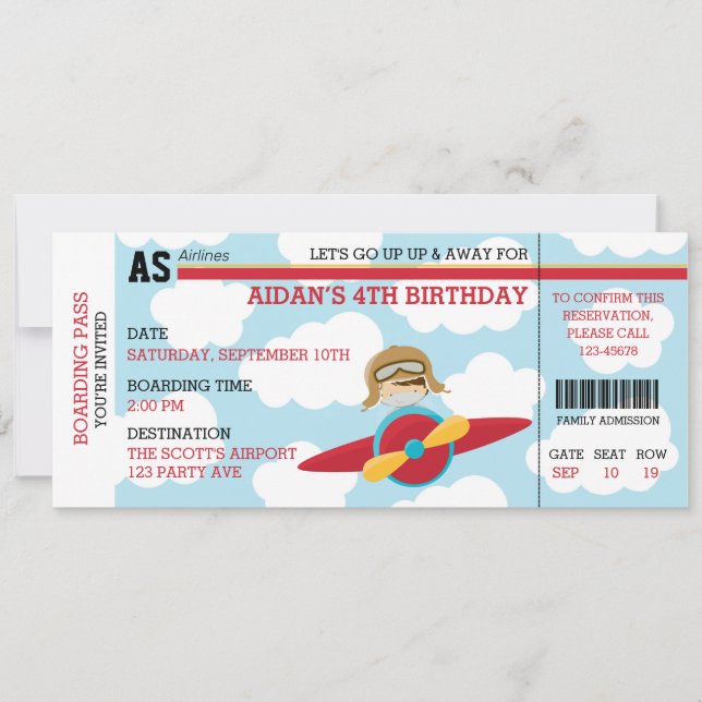 Airplane Birthday Invitations (Pilot Ticket Style) (Front)
