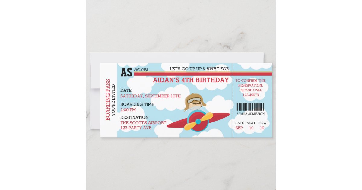 Airplane Birthday Invitations (Pilot Ticket Style) | Zazzle