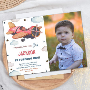 Airplane Birthday Invitations Red Brown with photo