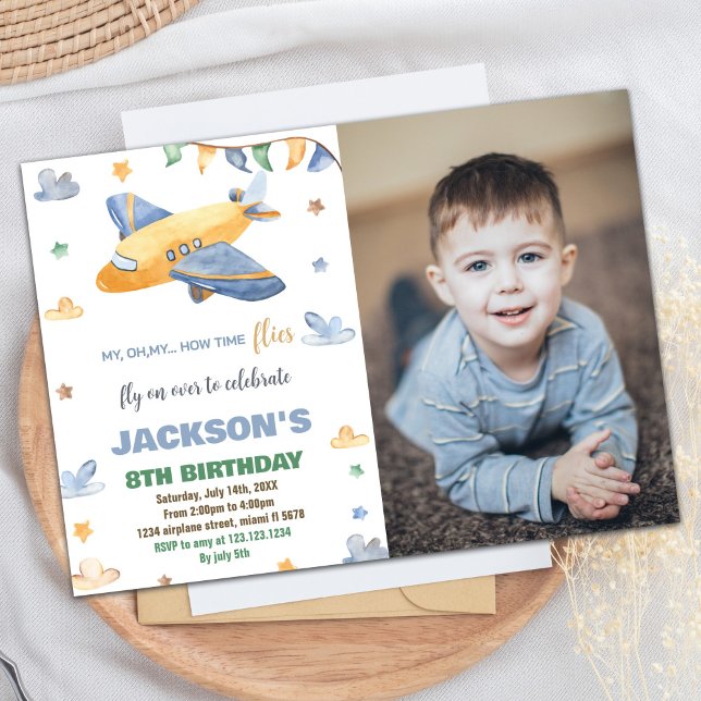 Airplane Birthday Invitations Yellow Gray W Photo (Airplane Birthday Invitations Yellow Gray W Photo)