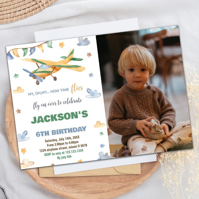Airplane Birthday Invitations Yellow Green W Photo (Airplane Birthday Invitations Yellow Green W Photo)