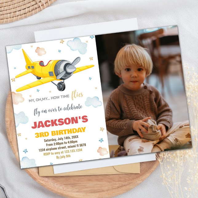 Airplane Birthday Invitations Yellow With Photo (Airplane Birthday Invitations Yellow With Photo)