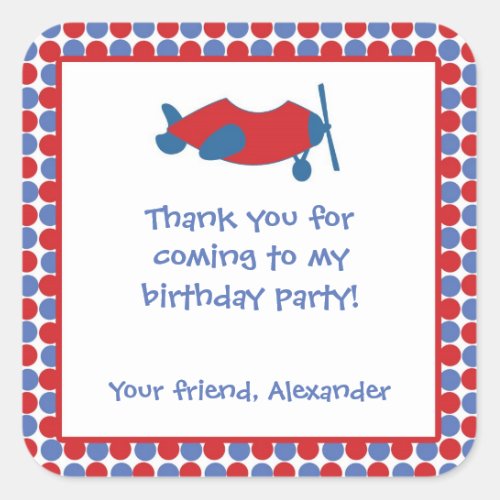 Airplane Birthday Party Favor Sticker Red Blue