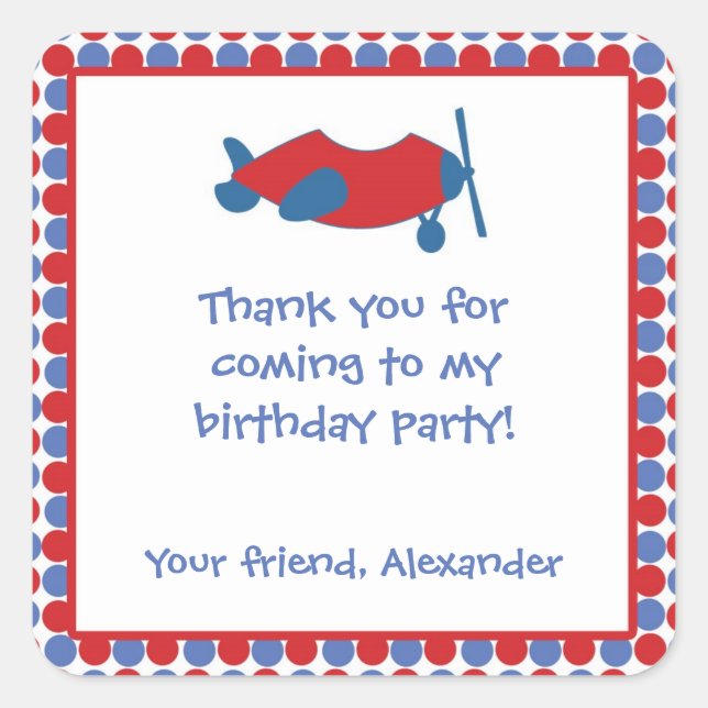 Airplane Birthday Party Favor Sticker Red Blue (Front)