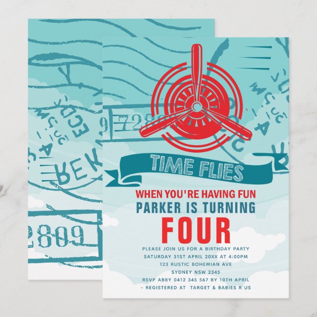 Airplane Birthday Party Invitation (Front/Back)