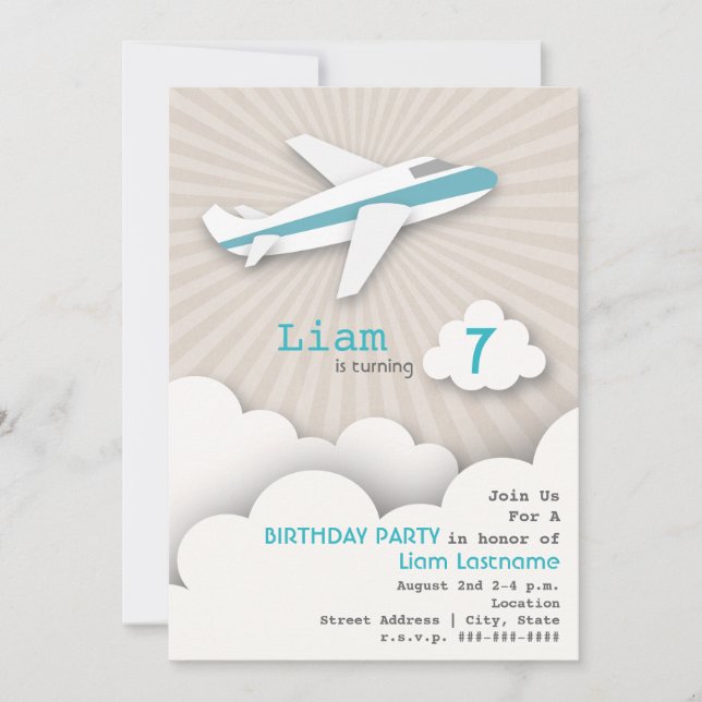 Airplane Birthday Party Invitation - Blue (Front)