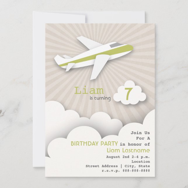 Airplane Birthday Party Invitation - Green (Front)