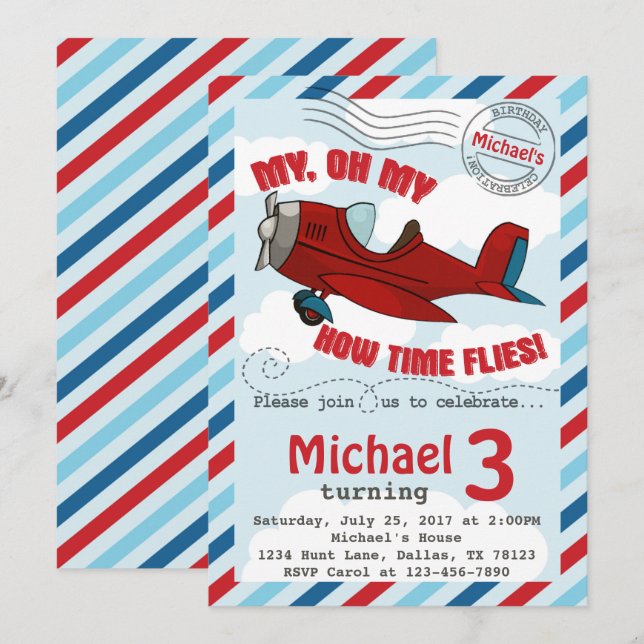 Airplane Birthday Party Invitation Invite Blue Red (Front/Back)