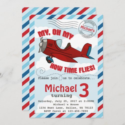 Airplane Birthday Party Invitation Invite Blue Red