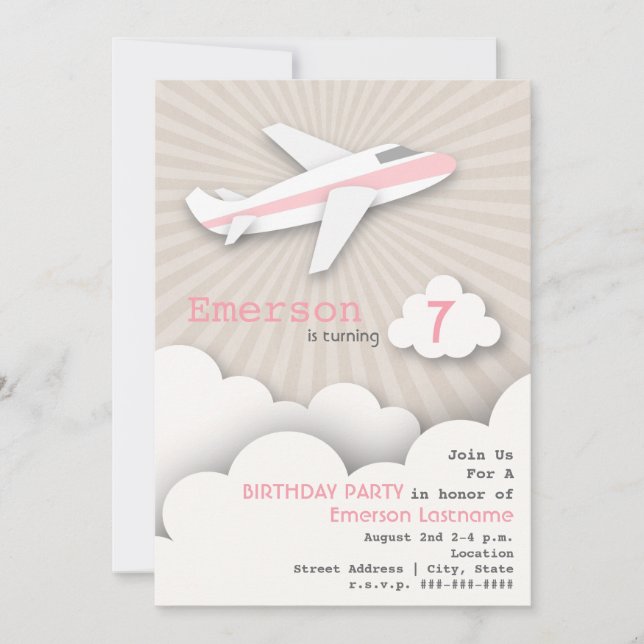 Airplane Birthday Party Invitation - Pink (Front)