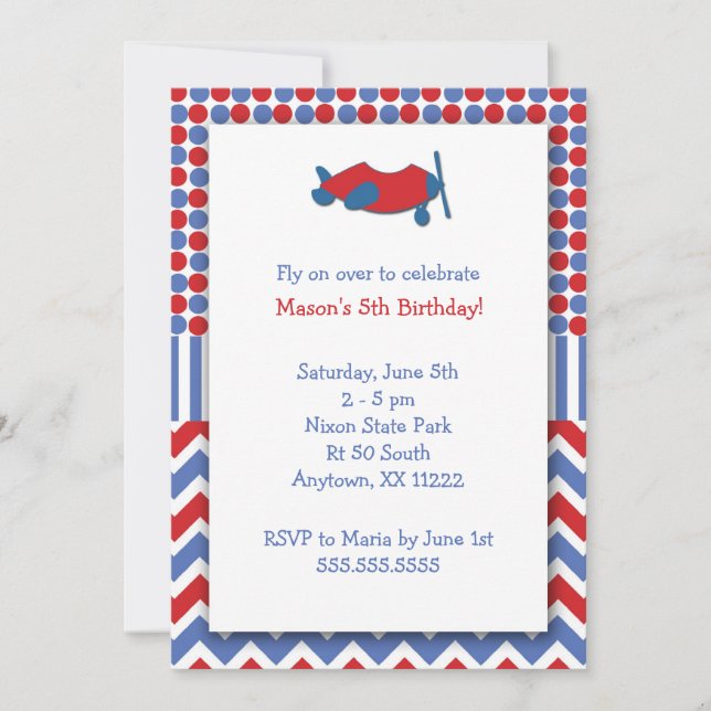 Airplane Birthday Party invite / red white blue (Front)