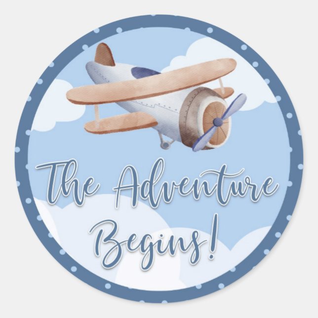 Airplane Blue Baby Shower Sticker Adventure Begins (Front)