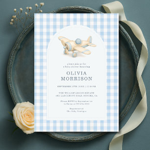 Airplane Blue Gingham Boy Baby Shower Invitation
