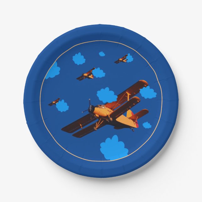 Airplane & Blue Sky - vintage plane /Aviation  Paper Plates (Front)