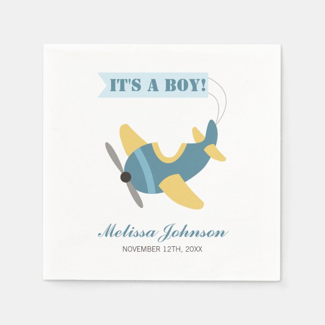 Airplane Blue Yellow Boy Baby Shower Paper Napkins (Front)
