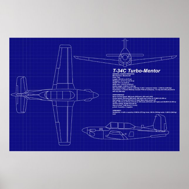 Airplane Blueprints | T-34 C Mentor Poster (Front)