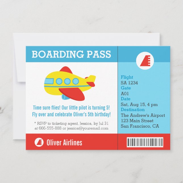 Airplane Boarding Pass Birthday Party Invitation (Front)