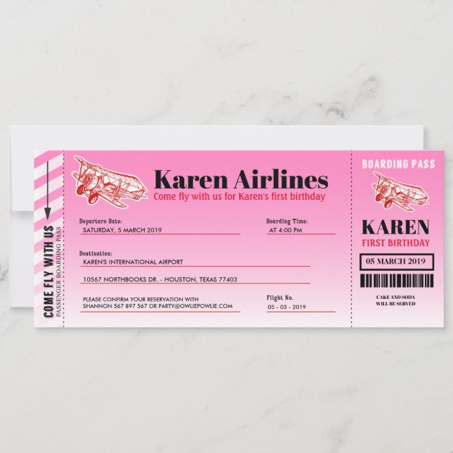 Airplane Boarding Pass Birthday Party Invitation (Front)