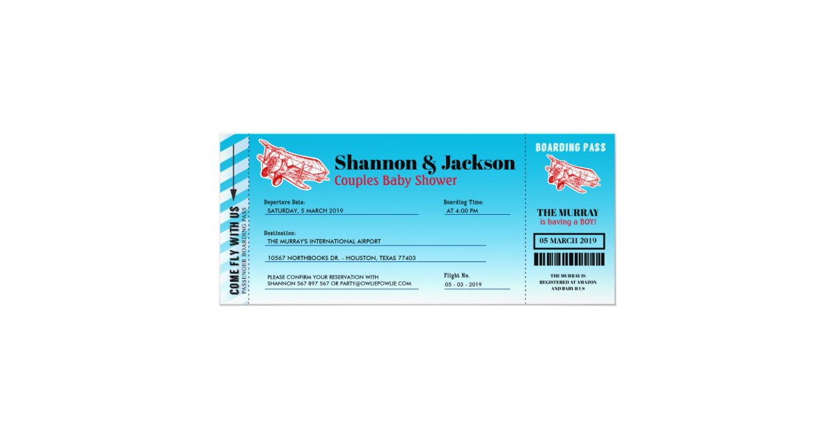 Airplane Boarding Pass Couples Shower Invitation Zazzle Com