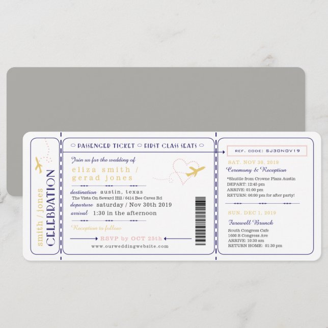 Airplane Boarding Pass Ticket Wedding Invitation (Front/Back)