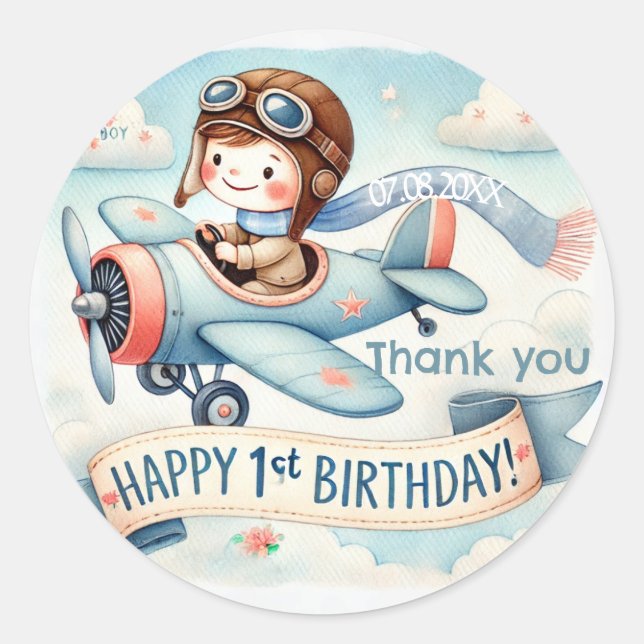 Airplane Boy 1st Birthday Party  Classic Round Sticker (Front)