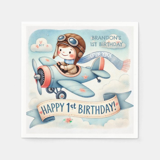Airplane Boy 1st Birthday Party  Napkins (Front)
