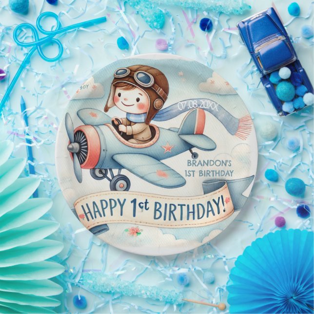 Airplane Boy 1st Birthday Party  Paper Plates (Party)