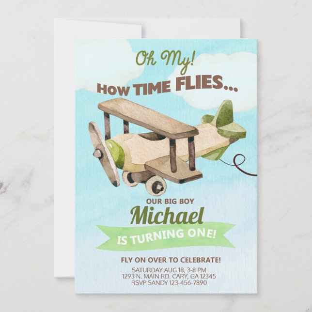 Airplane boy 1st first birthday invitation. invita invitation (Front)