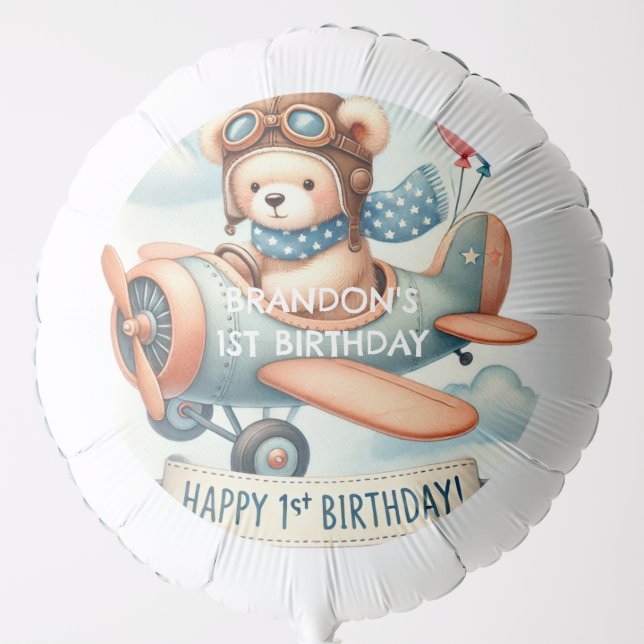 Airplane Boy Bear 1st Birthday Party  Balloon (Front)