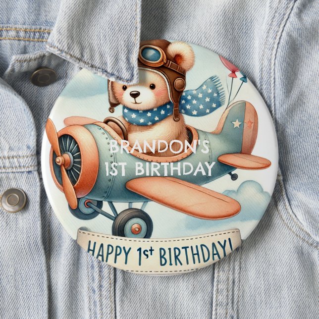 Airplane Boy Bear 1st Birthday Party  Button (In Situ)