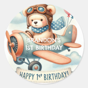 Airplane Boy Bear 1st Birthday Party Classic Round Sticker