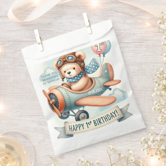 Airplane Boy Bear 1st Birthday Party  Favor Bag (Clipped)