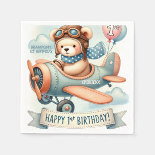 Airplane Boy Bear 1st Birthday Party Napkins