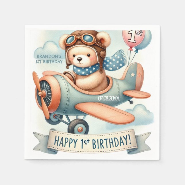 Airplane Boy Bear 1st Birthday Party  Napkins (Front)
