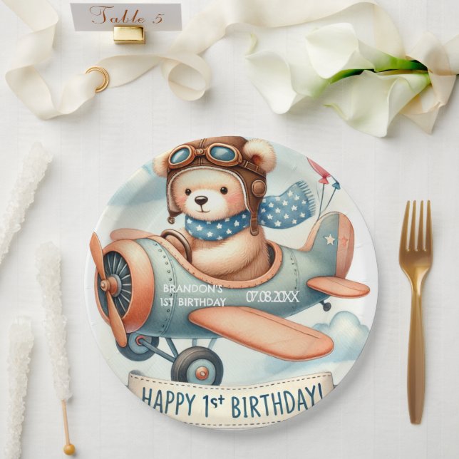 Airplane Boy Bear 1st Birthday Party  Paper Plates (Wedding)