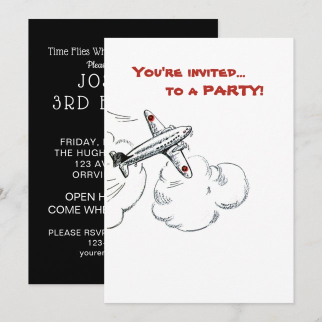 Airplane Boy Birthday Party Simple Black White Red Invitation (Front/Back)