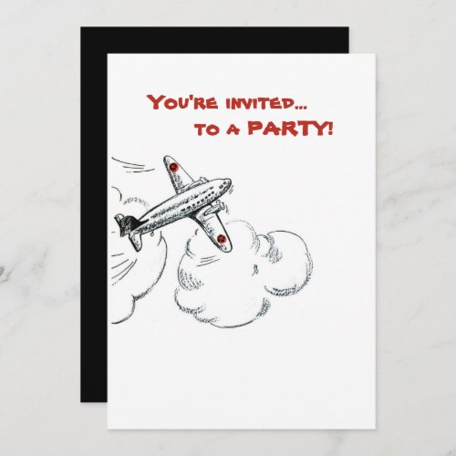 Airplane Boy Birthday Party Simple Black White Red Invitation