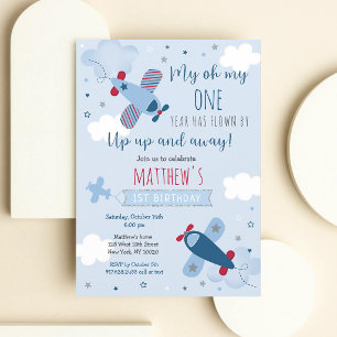 Airplane Boy First Birthday Blue Red Invitation
