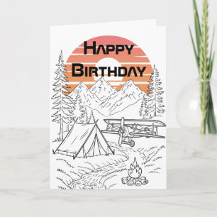 Airplane Camping, Mountains, Sunset, Birthday Card