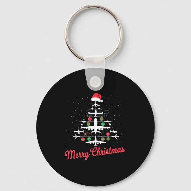 Airplane Christmas Tree Cute Airplane Xmas Holiday Keychain (Front)